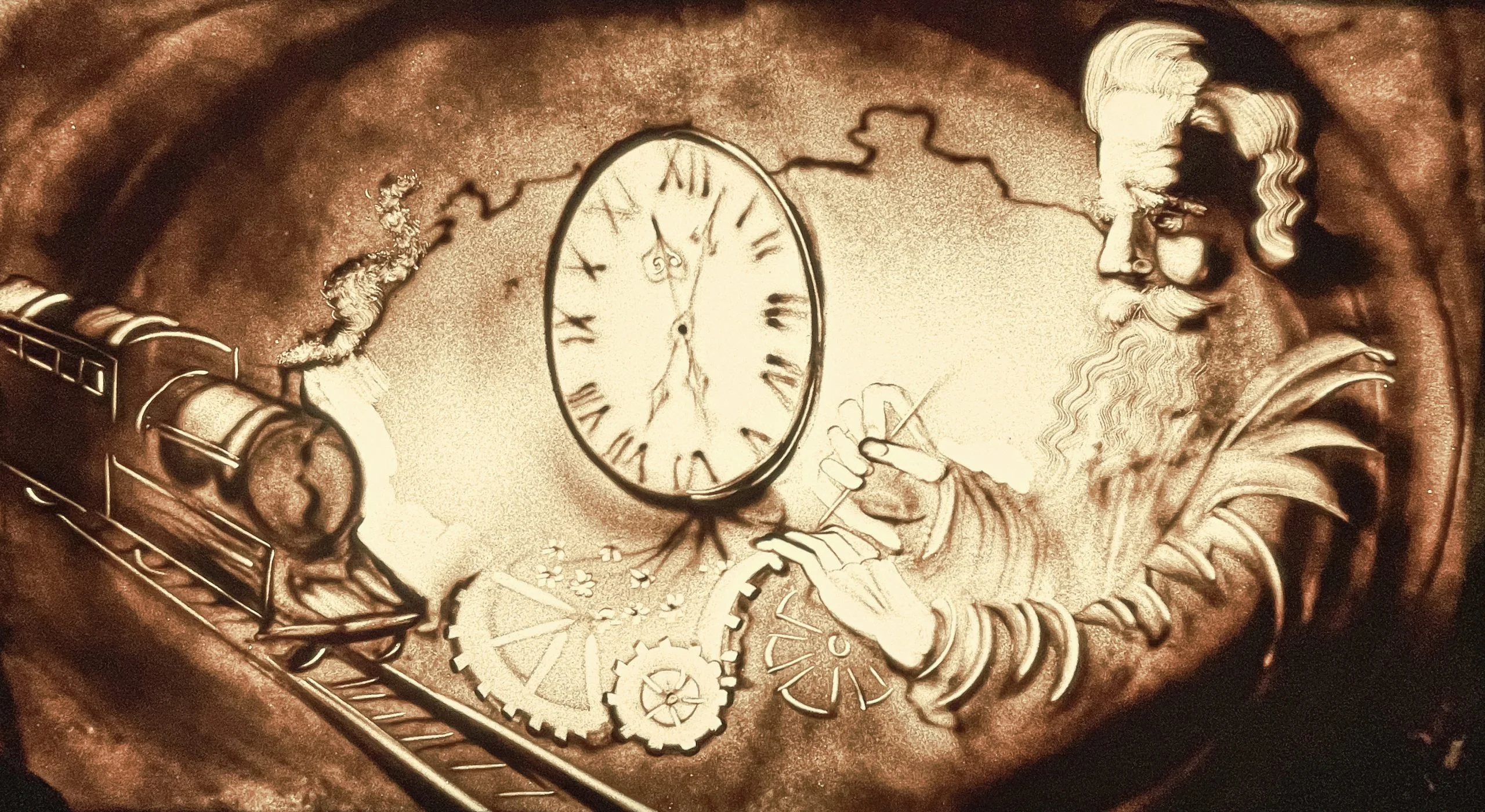 Sand Elf – Sandanimationskünstlerin – Dieses Bild zeigt ein Sandkunstwerk, das eine surrealistische Illusion eines Frauengesichts mit Szenen von Pferden, einem tanzenden Paar und Schwänen kombiniert.
